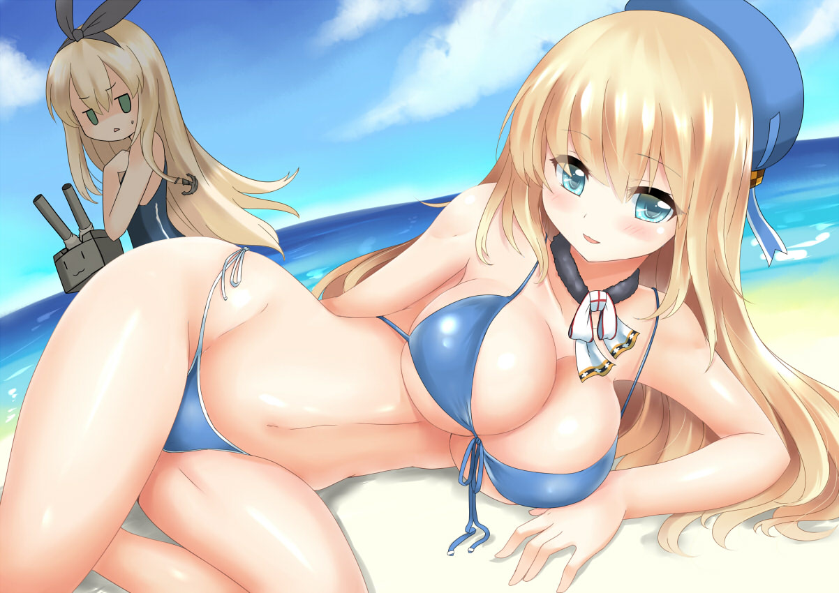 2girls, aliasing, anthropomorphism, atago_(kancolle), beach, bikini, blonde_hair, blue_eyes, blush, breasts, choker, cleavage, clouds, green_eyes, hat, headband, jpeg_artifacts, kantai_collection, long_hair, miyuki_rei, navel, rensouhou-chan, ribbons, shimakaze_(kancolle), sky, swimsuit, water