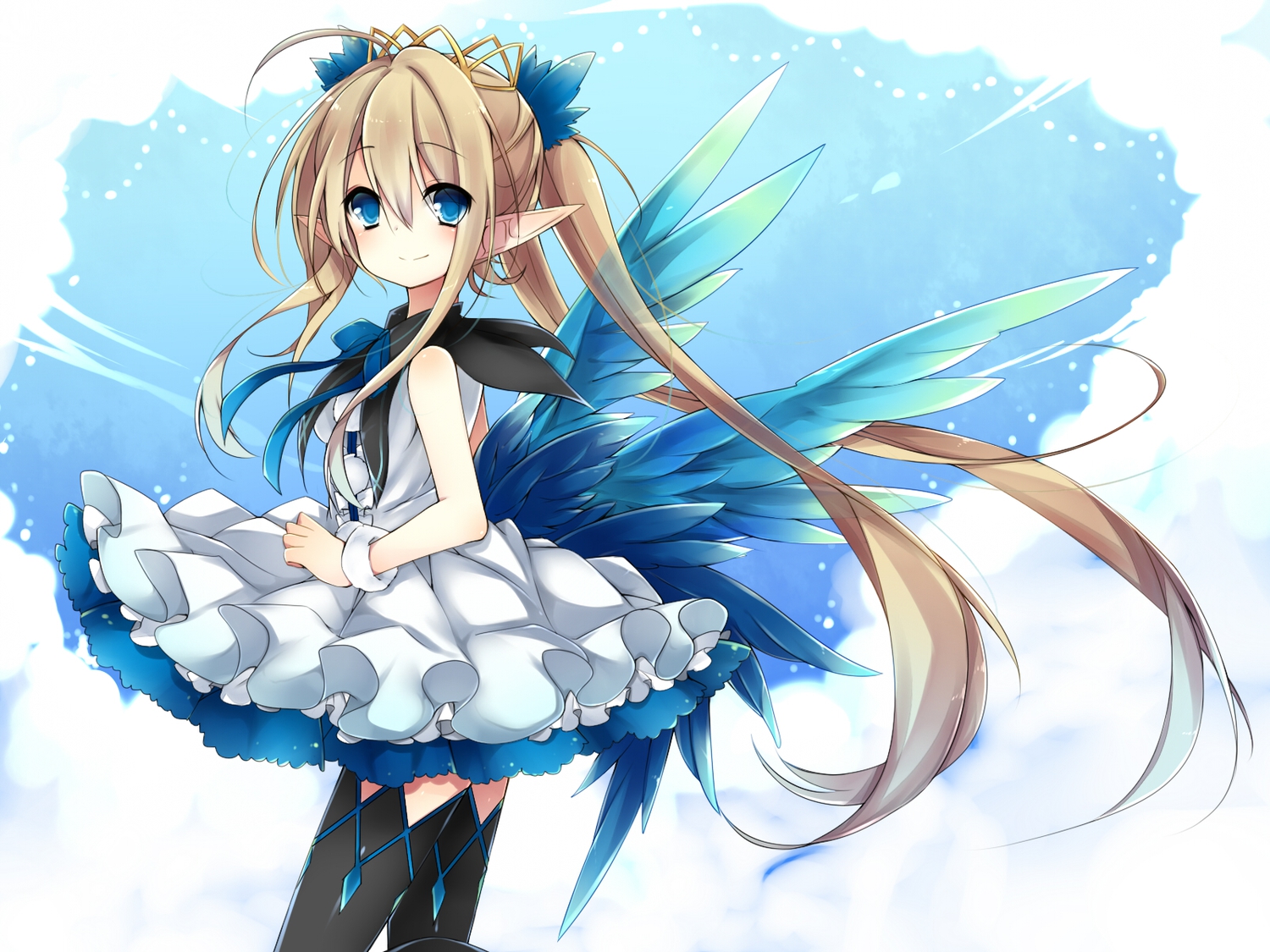 blonde_hair, blue_eyes, bow, crown, leeannpippisum, long_hair, original, pointed_ears