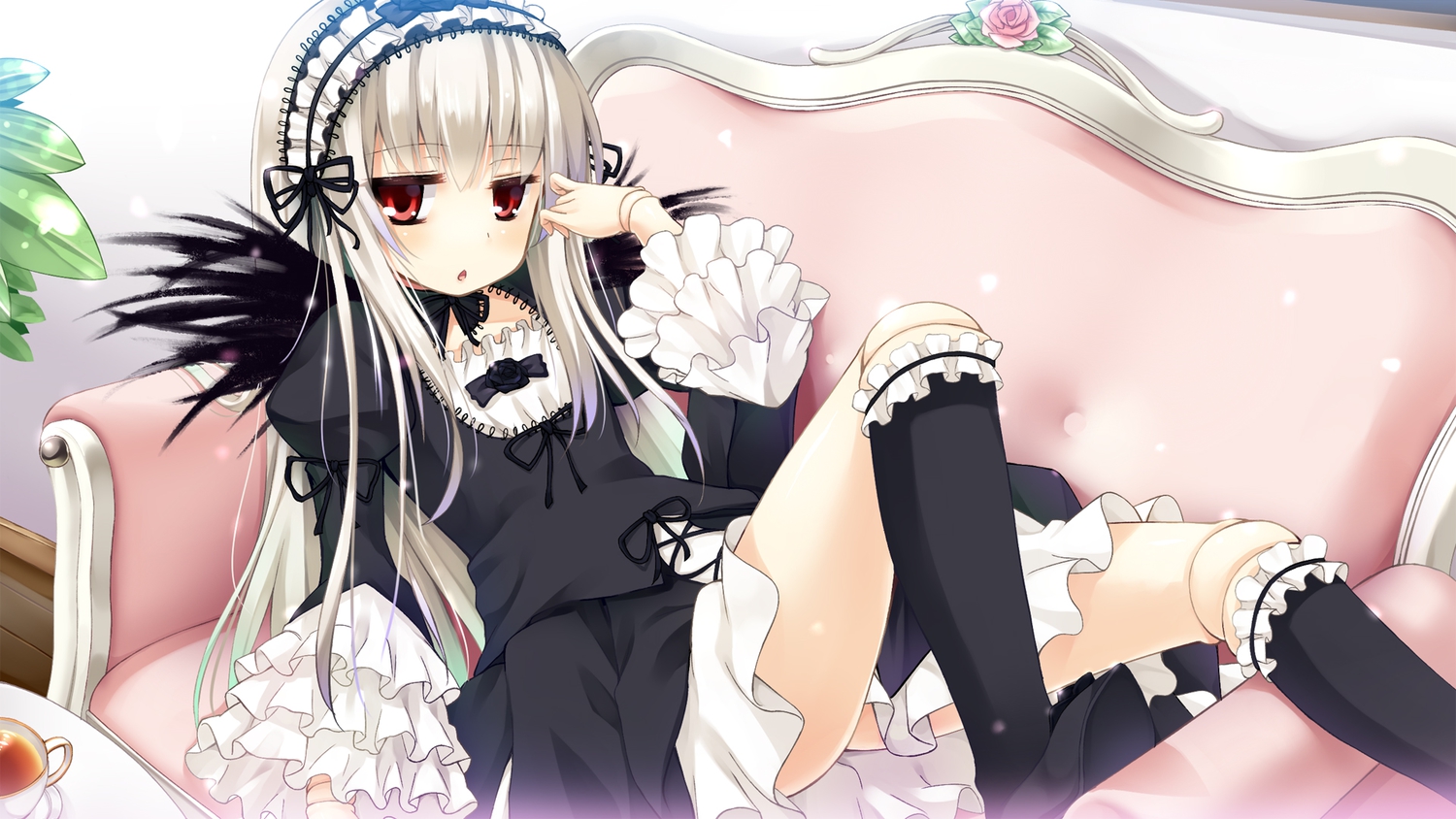 asa_(swallowtail), couch, doll, drink, gothic, headdress, kneehighs, long_hair, red_eyes, ribbons, rozen_maiden, suigintou, white_hair, wings