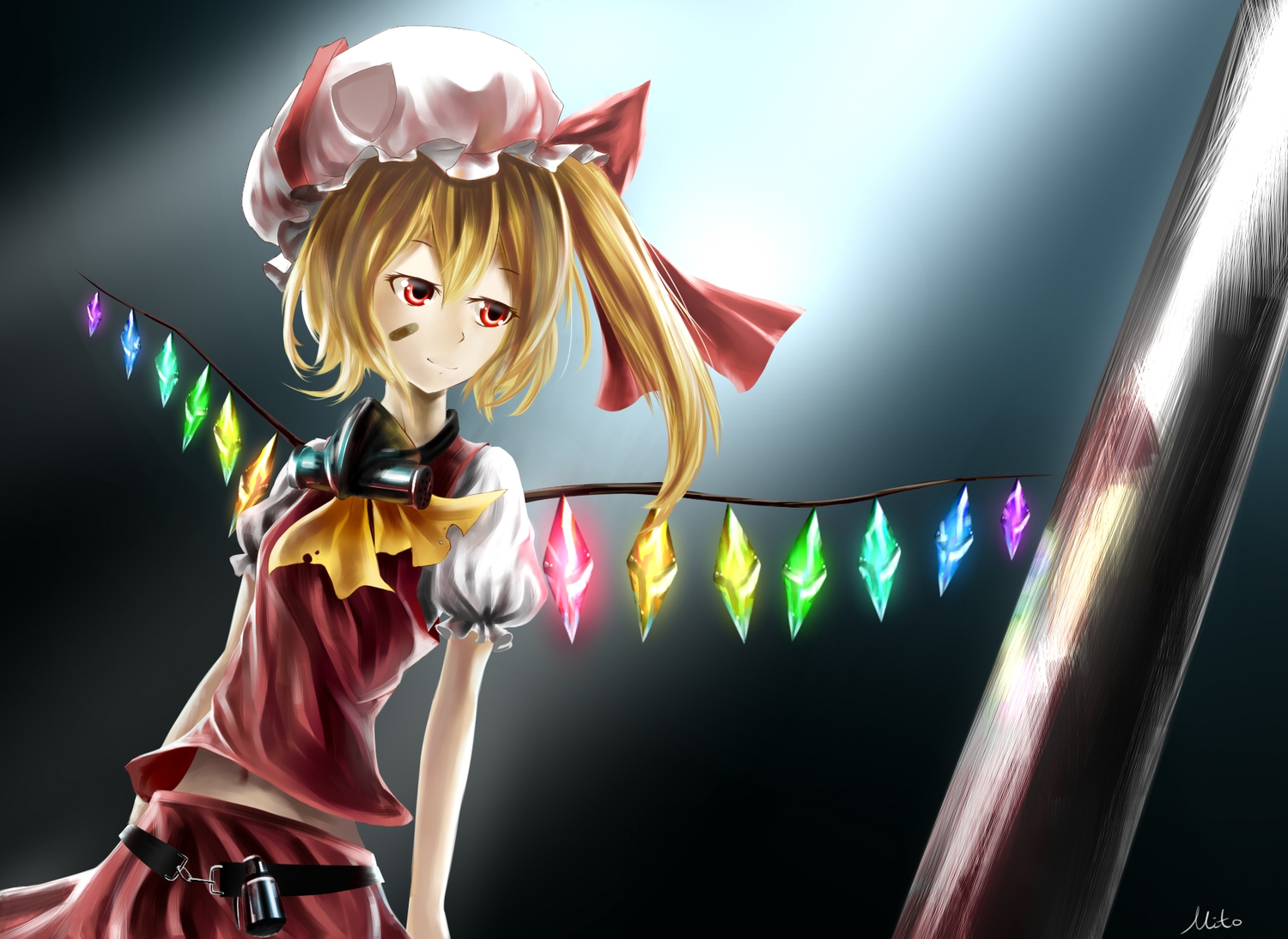 bandaid, blonde_hair, flandre_scarlet, hat, mito, navel, red_eyes, short_hair
