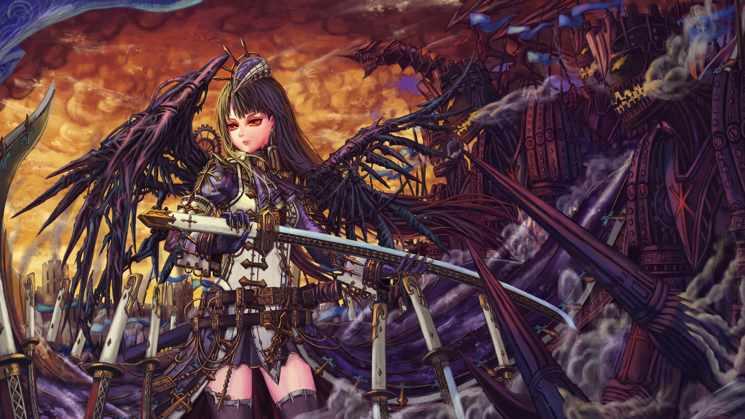 black_hair, cross, edenfox, fang, gloves, hat, long_hair, orange_eyes