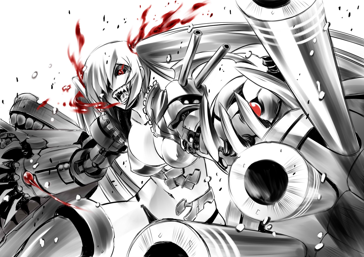 anthropomorphism, blood, breasts, cleavage, erect_nipples, fang, kantai_collection, long_hair