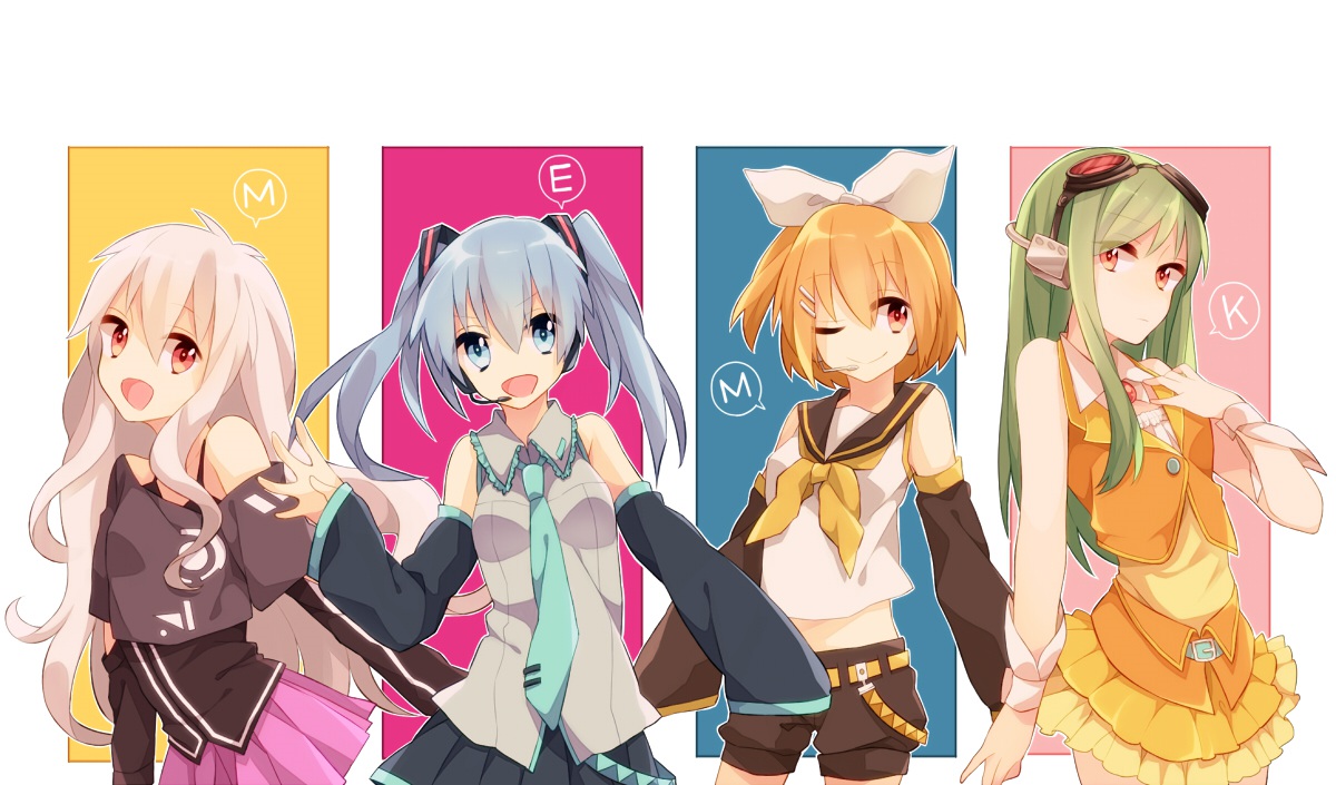 blue_eyes, blue_hair, bow, cosplay, ene_(kagerou_project), goggles, green_hair, headphones