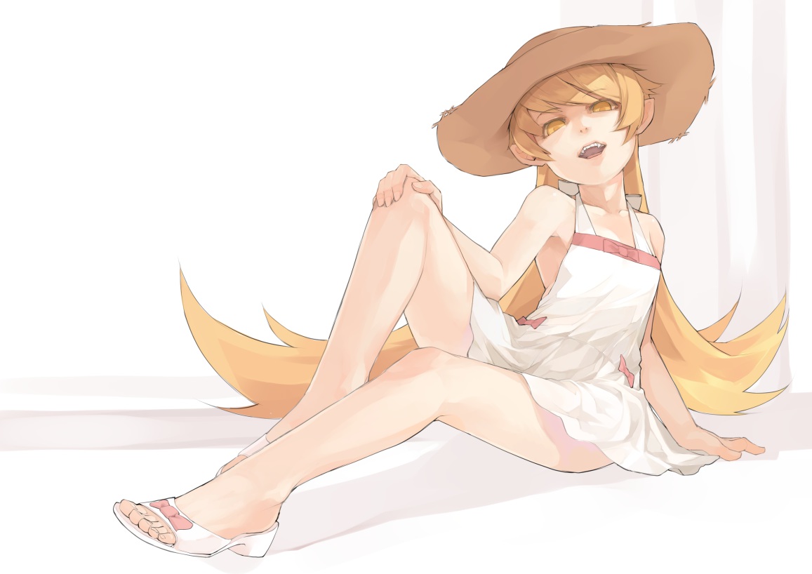 bakemonogatari, blonde_hair, bow, dafei, dress, fang, hat, loli, long_hair, monogatari_(series), oshino_shinobu, pointed_ears, summer_dress, vampire, yellow_eyes