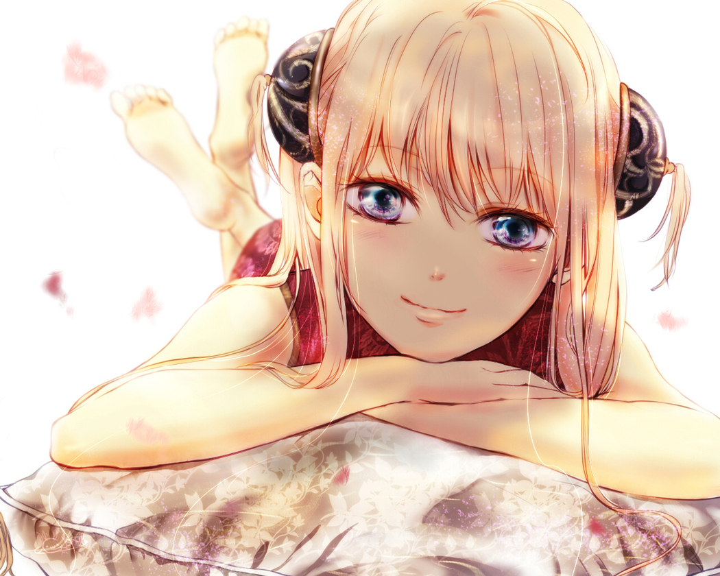 barefoot, blonde_hair, blue_eyes, chinese_clothes, chinese_dress, close, dress, gintama