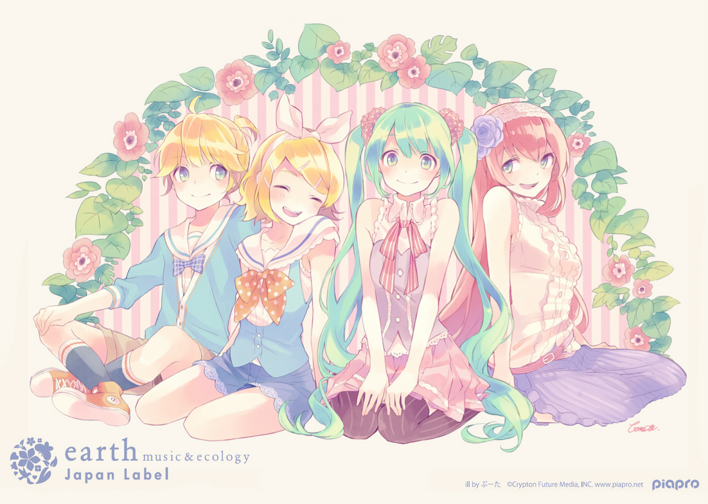 blonde_hair, blue_eyes, blush, bow, buuta, dress, flowers, green_eyes