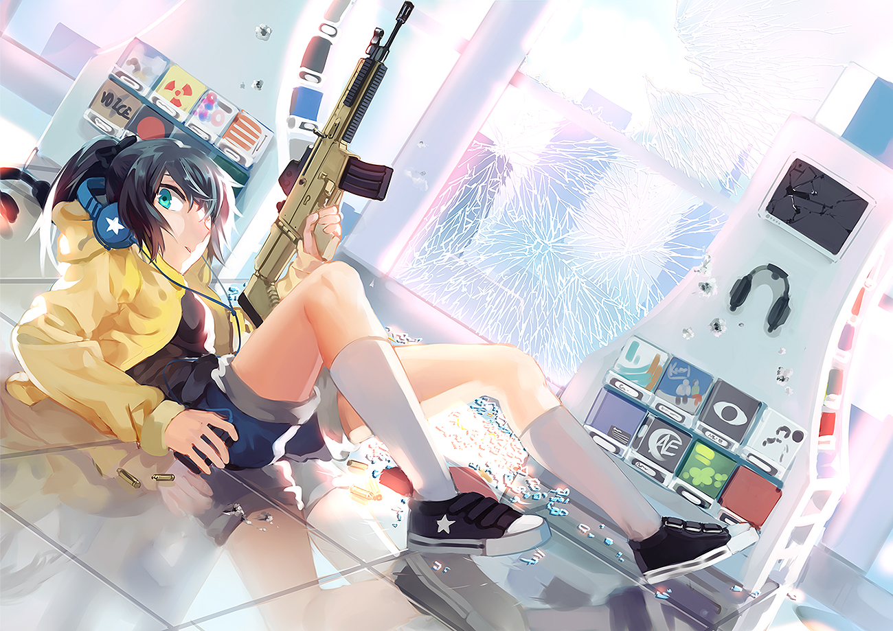 aqua_eyes, black_hair, gun, headphones, kneehighs, original, ponytail, rff_(3_percent)