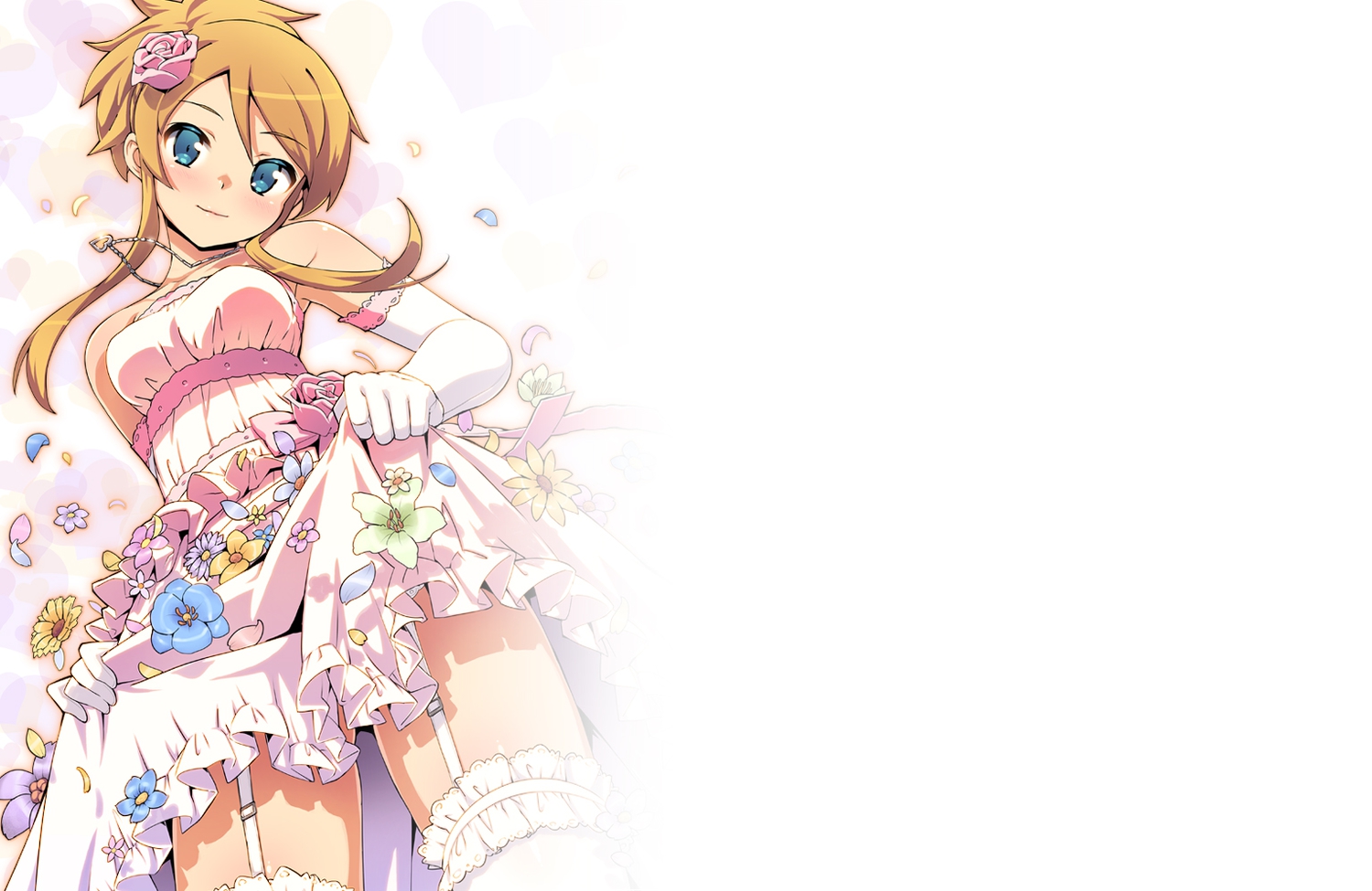 blue_eyes, blush, dress, elbow_gloves, flowers, garter, gloves, kousaka_kirino, long_hair, necklace, ootomo_takuji, orange_hair, ore_no_imouto_ga_konna_ni_kawaii_wake_ga_nai, petals, wedding_attire