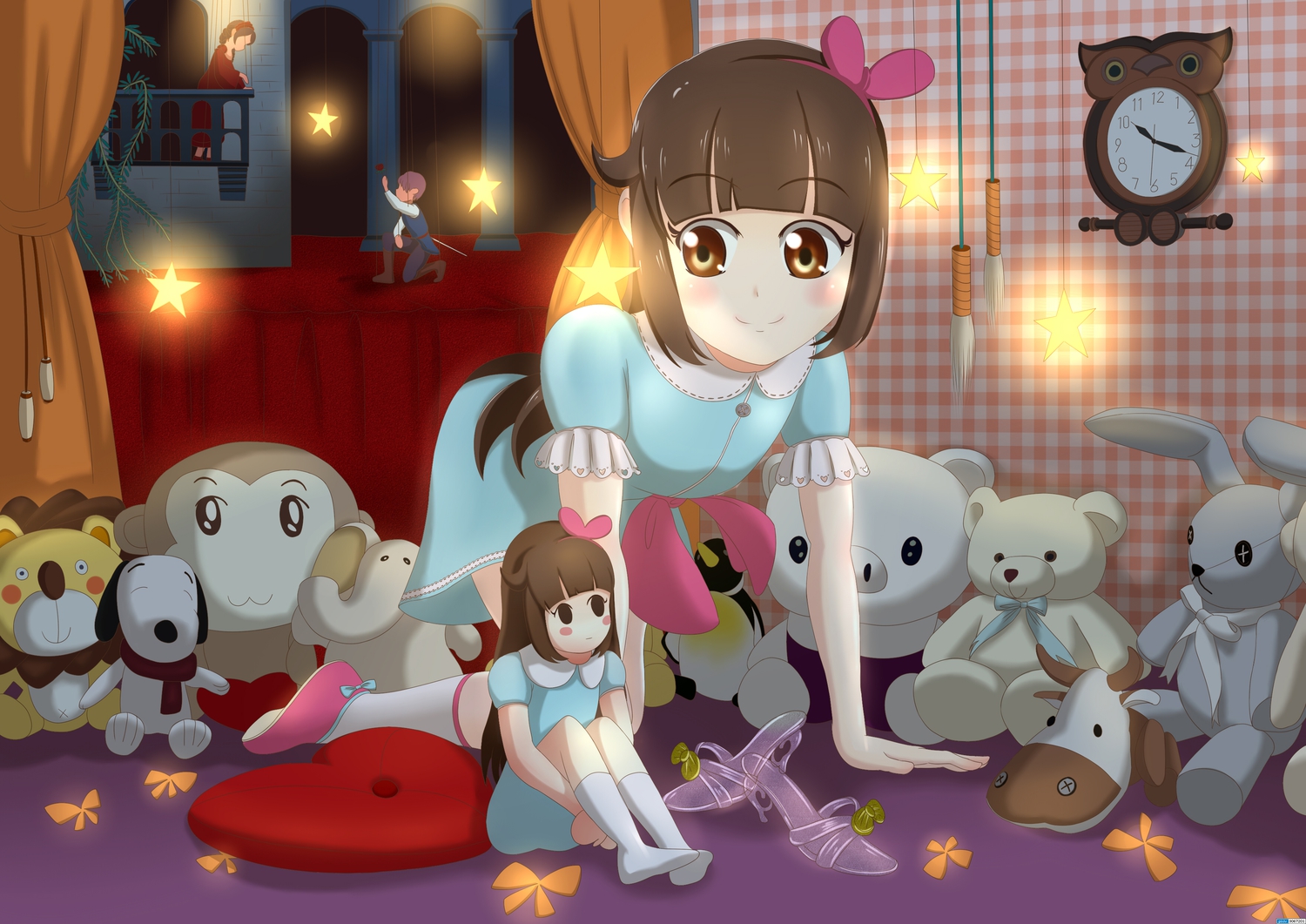 bed, bow, brown_eyes, brown_hair, bunny, doll, headband, heli-kotohime, kneehighs, loli, long_hair, original, puppet, ribbons, snoopy, teddy_bear