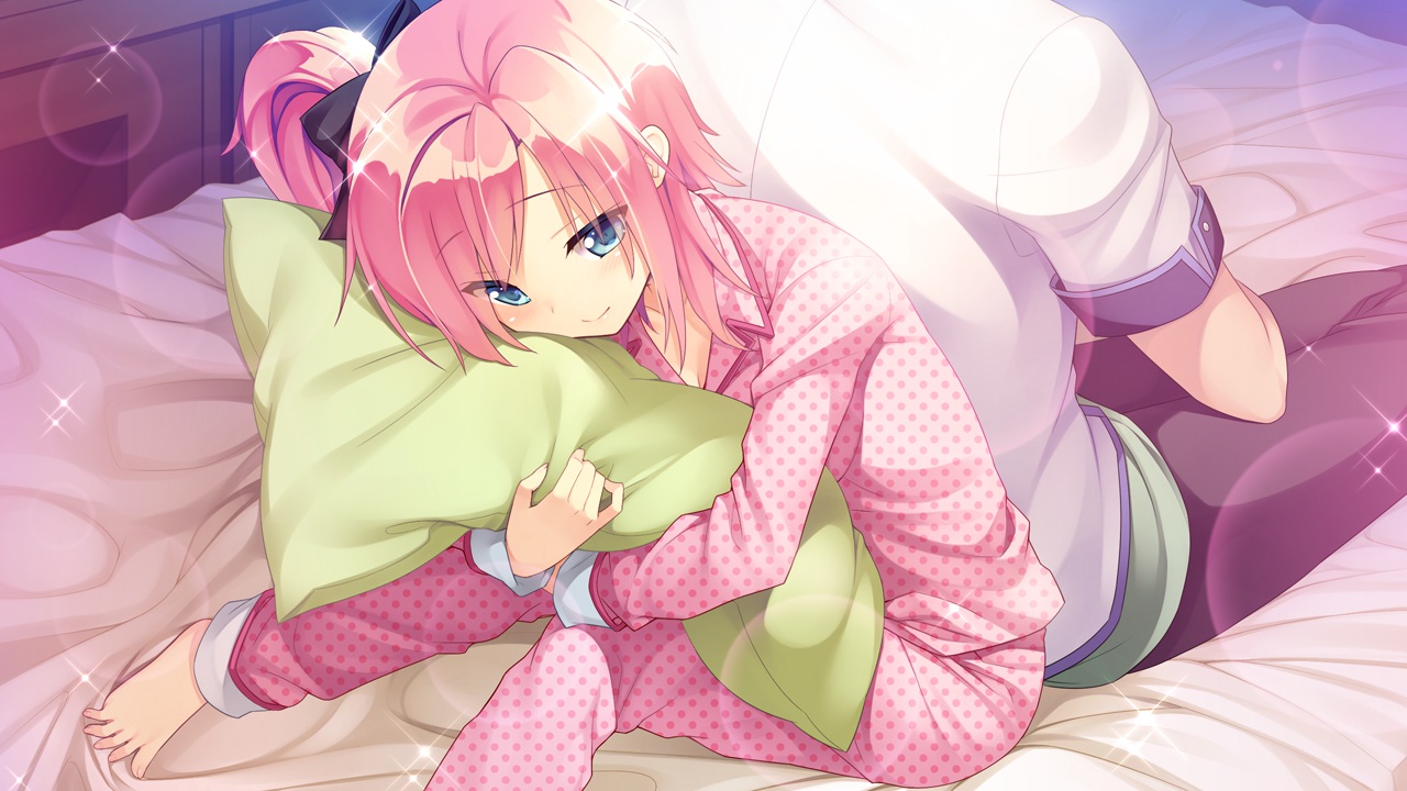 barefoot, blue_eyes, blush, game_cg, hearts_(company), koba_kasumi, koi_saku_miyako_ni_ai_no_yakusoku_wo_~annaffiare~, natsume_eri, pajamas, pink_hair, short_hair