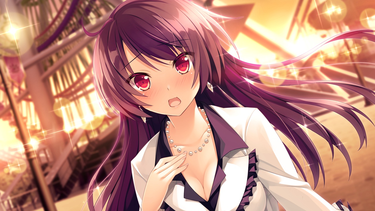 blush, breasts, cleavage, fujita_konomi, game_cg, hearts_(company), koi_saku_miyako_ni_ai_no_yakusoku_wo_~annaffiare~, long_hair, natsume_eri, necklace, pink_eyes, purple_hair