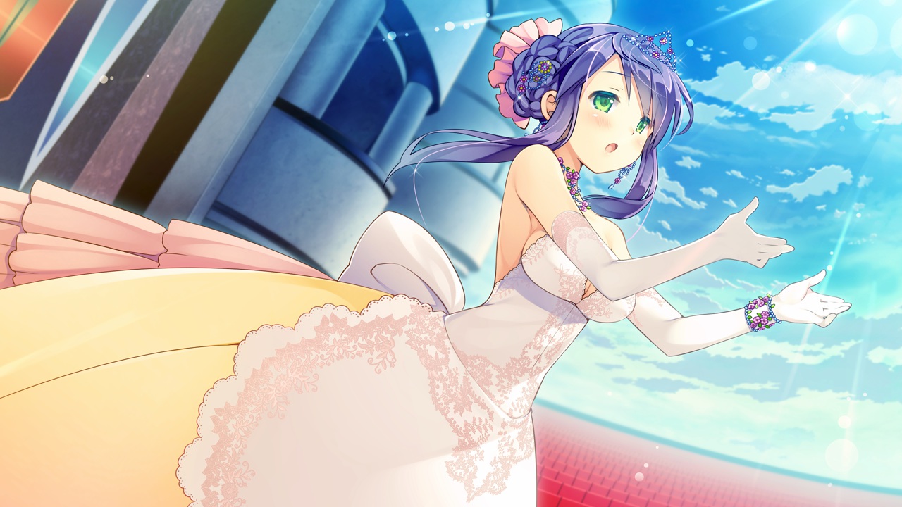 clouds, daikou_wakako, dress, elbow_gloves, game_cg, gloves, green_eyes, hearts_(company), koi_saku_miyako_ni_ai_no_yakusoku_wo_~annaffiare~, natsume_eri, necklace, purple_hair, sky, tiara, wedding_attire