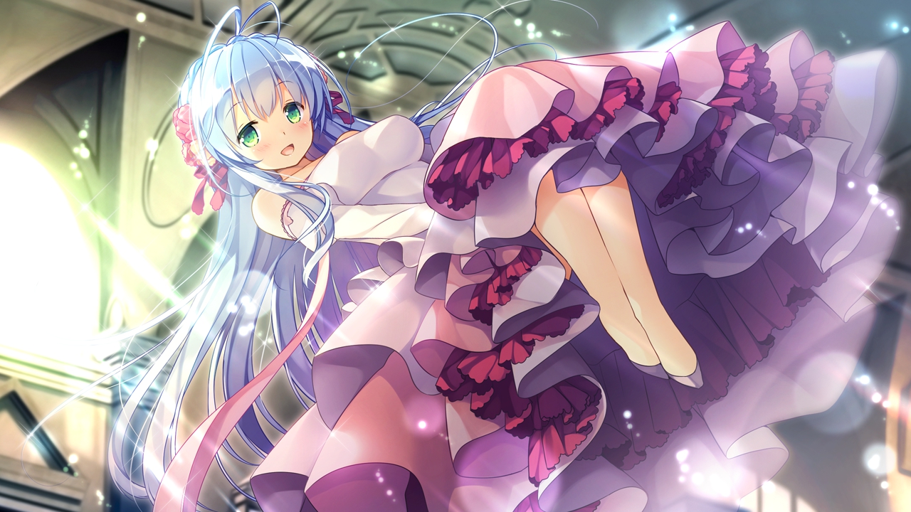 blue_hair, blush, dress, game_cg, green_eyes, hearts_(company), koi_saku_miyako_ni_ai_no_yakusoku_wo_~annaffiare~, long_hair, natsume_eri, winifred_d_land