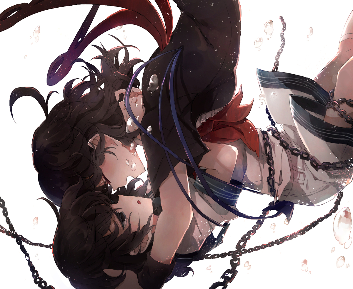 2girls, black_hair, blush, bubbles, chain, hato_satobeni, houjuu_nue, kneehighs