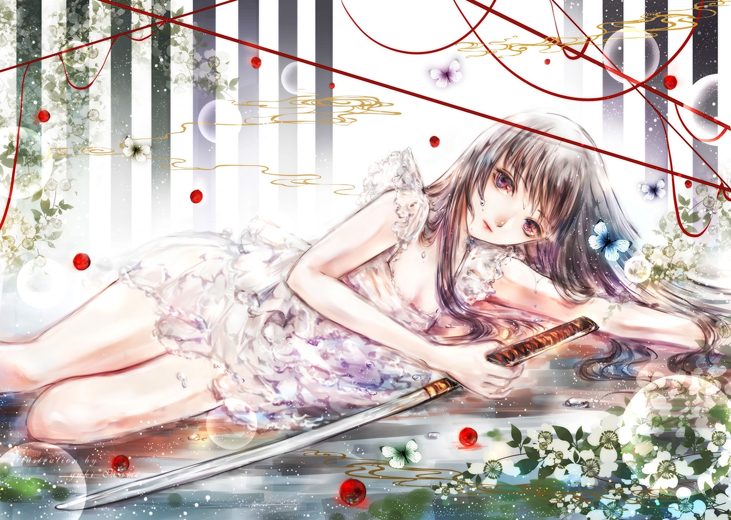 black_hair, butterfly, dress, long_hair, original, purple_eyes, sword, weapon, yuki_mami