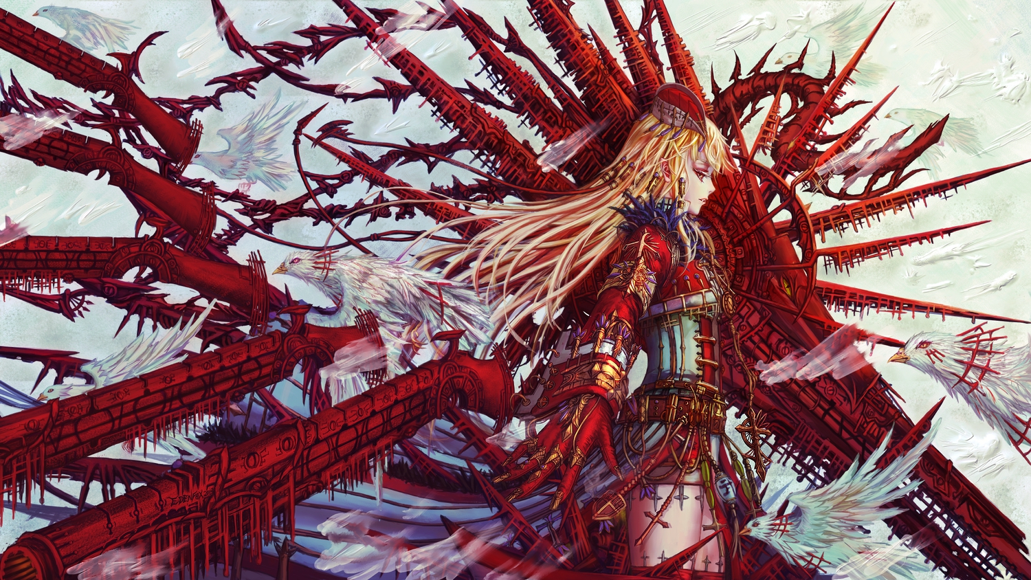 animal, armor, bird, blonde_hair, cross, edenfox, gun, hat, long_hair, original, pointed_ears, red_eyes, vampire, weapon