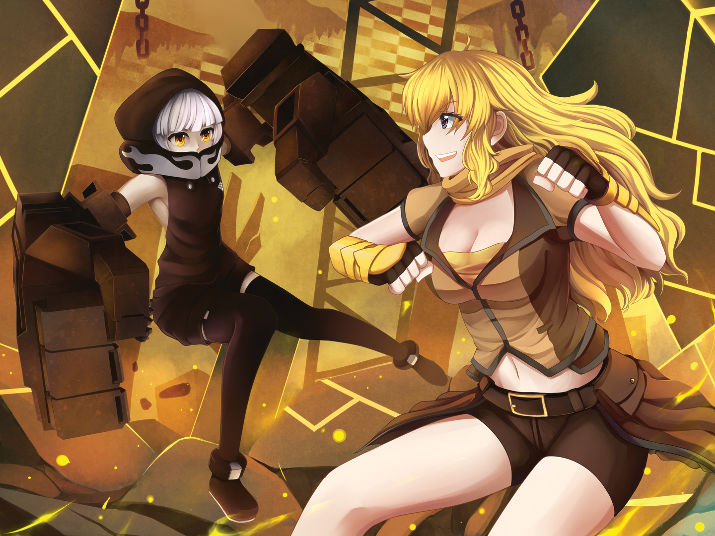 2girls, bike_shorts, black_rock_shooter, blonde_hair, breasts, chain, cleavage, crossover, gloves, hood, koutari_yuu, long_hair, navel, purple_eyes, rouzille, rwby, scarf, short_hair, shorts, thighhighs, white_hair, yang_xiao_long, yellow_eyes