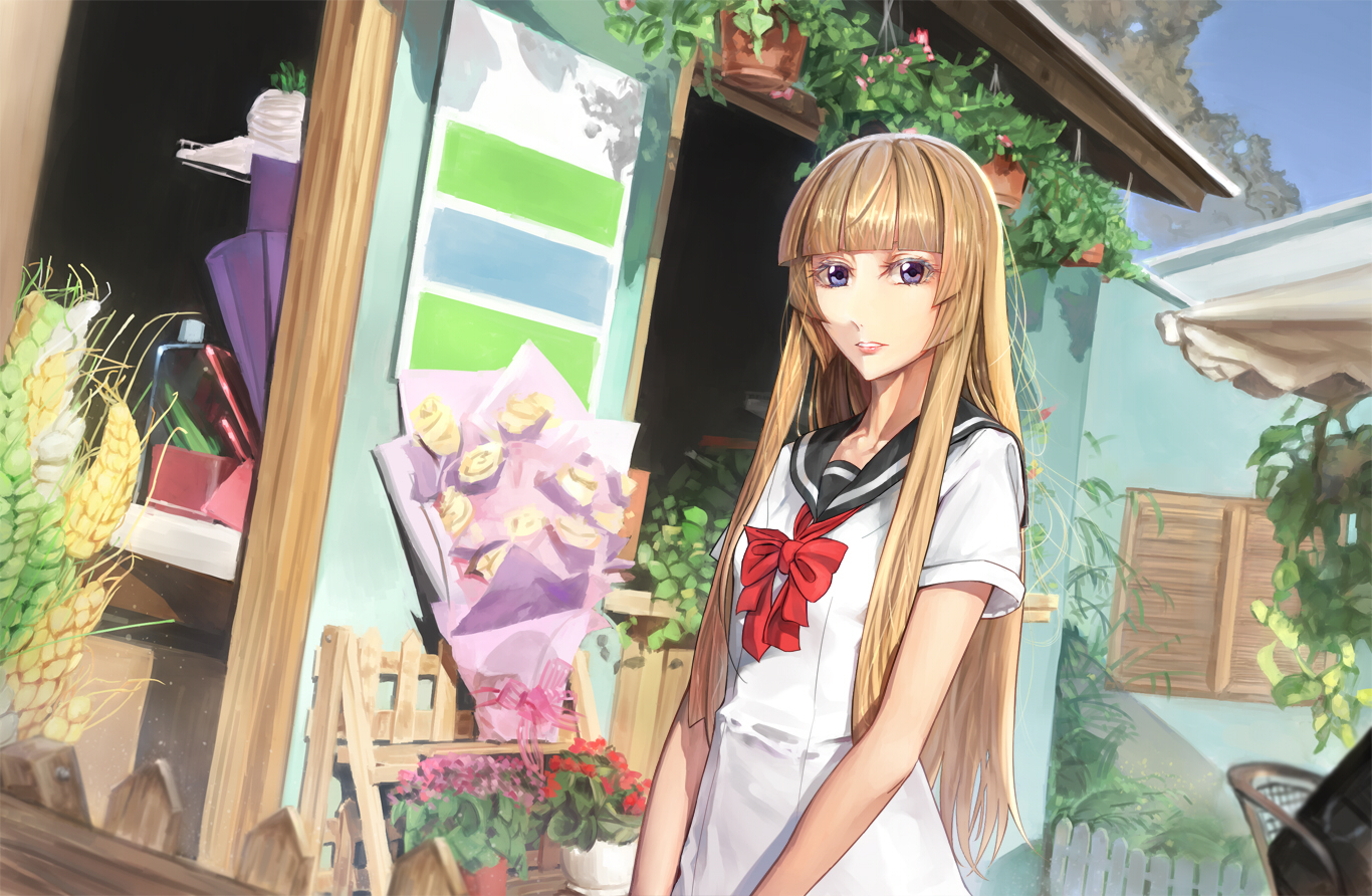 blonde_hair, blue_eyes, bow, flowers, fuwa_aika, long_hair, school_uniform, sky341125290