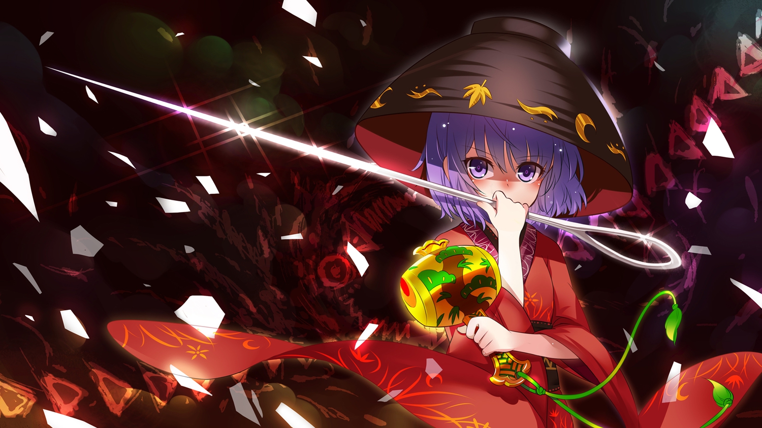 blush, bobomaster, hat, japanese_clothes, kimono, purple_eyes, purple_hair, short_hair