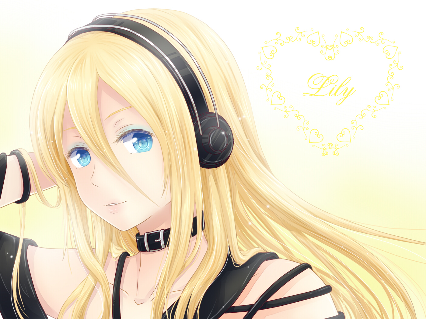 blonde_hair, blue_eyes, close, collar, headphones, lily_(vocaloid), long_hair, vocaloid, zashiki_usagi