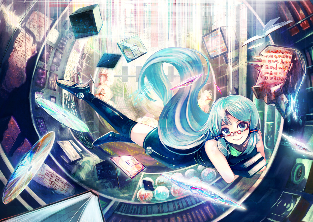 aqua_eyes, aqua_hair, book, glasses, hatsune_miku, jinichi, long_hair, thighhighs