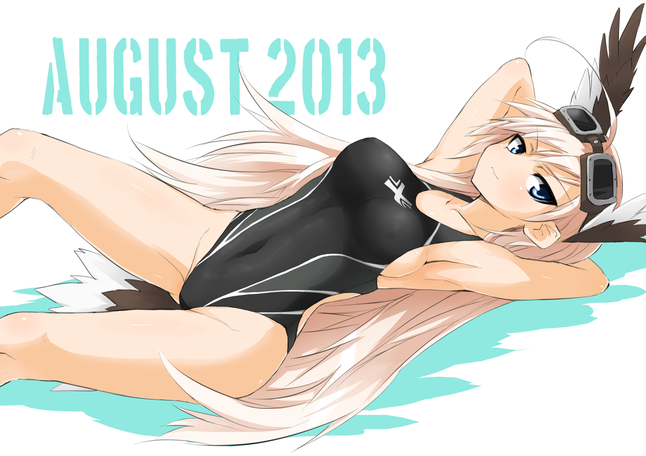 animal_ears, blonde_hair, blue_eyes, blush, goggles, hanna-justina_marseille, long_hair, ogitsune_(ankakecya-han), strike_witches, swimsuit