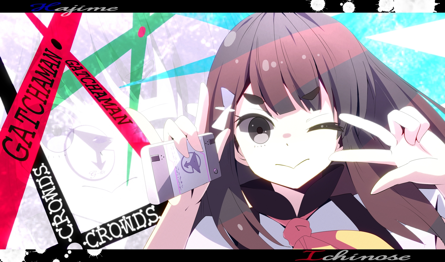 black_eyes, brown_hair, gatchaman_crowds, ichinose_hajime, ryosios, wink