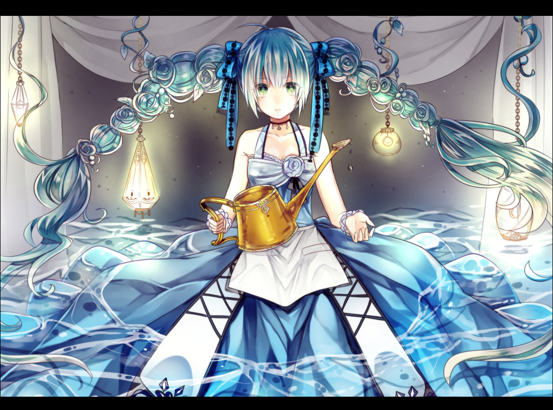 amayu_(oxo0101), blue_hair, bow, braids, dress, green_eyes, hatsune_miku, long_hair, vocaloid, water