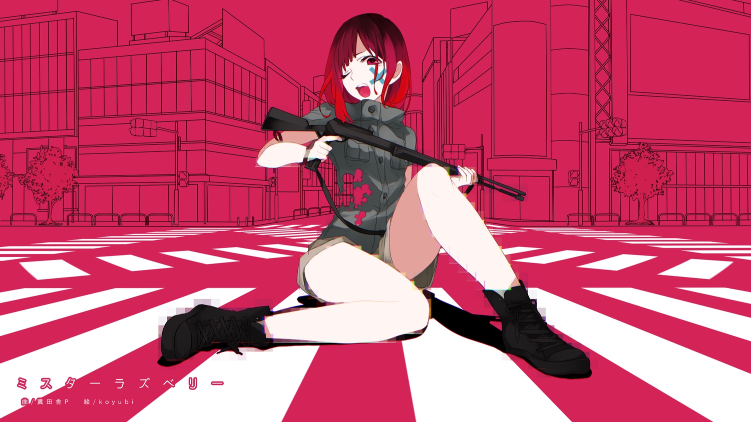 boots, gun, koyubi, red_eyes, red_hair, shorts, torn_clothes, tree