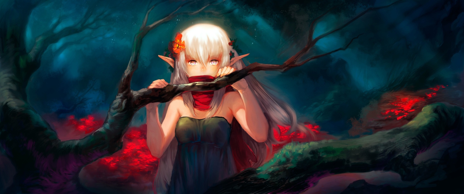 dark_skin, dress, flowers, forest, long_hair, original, patipat_asavasena, pink_eyes