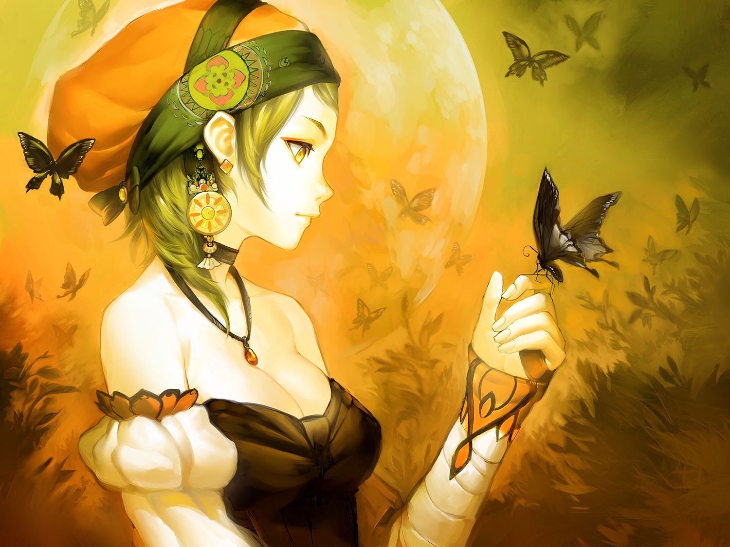 breasts, butterfly, cleavage, green_hair, hat, moon, necklace, patipat_asavasena
