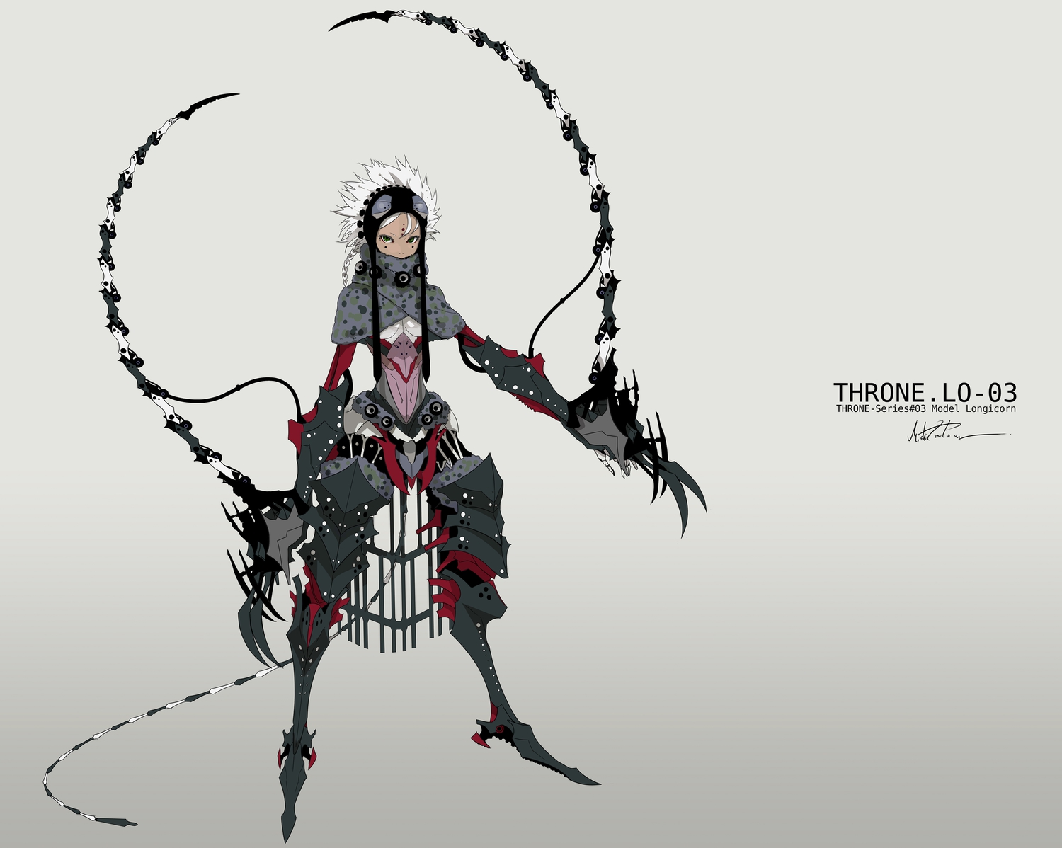 braids, green_eyes, mechagirl, original, palow, signed, tail, white_hair