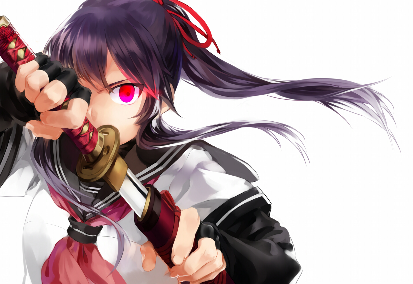 black_hair, katana, original, ponytail, red_eyes, rff_(3_percent), school_uniform, sword