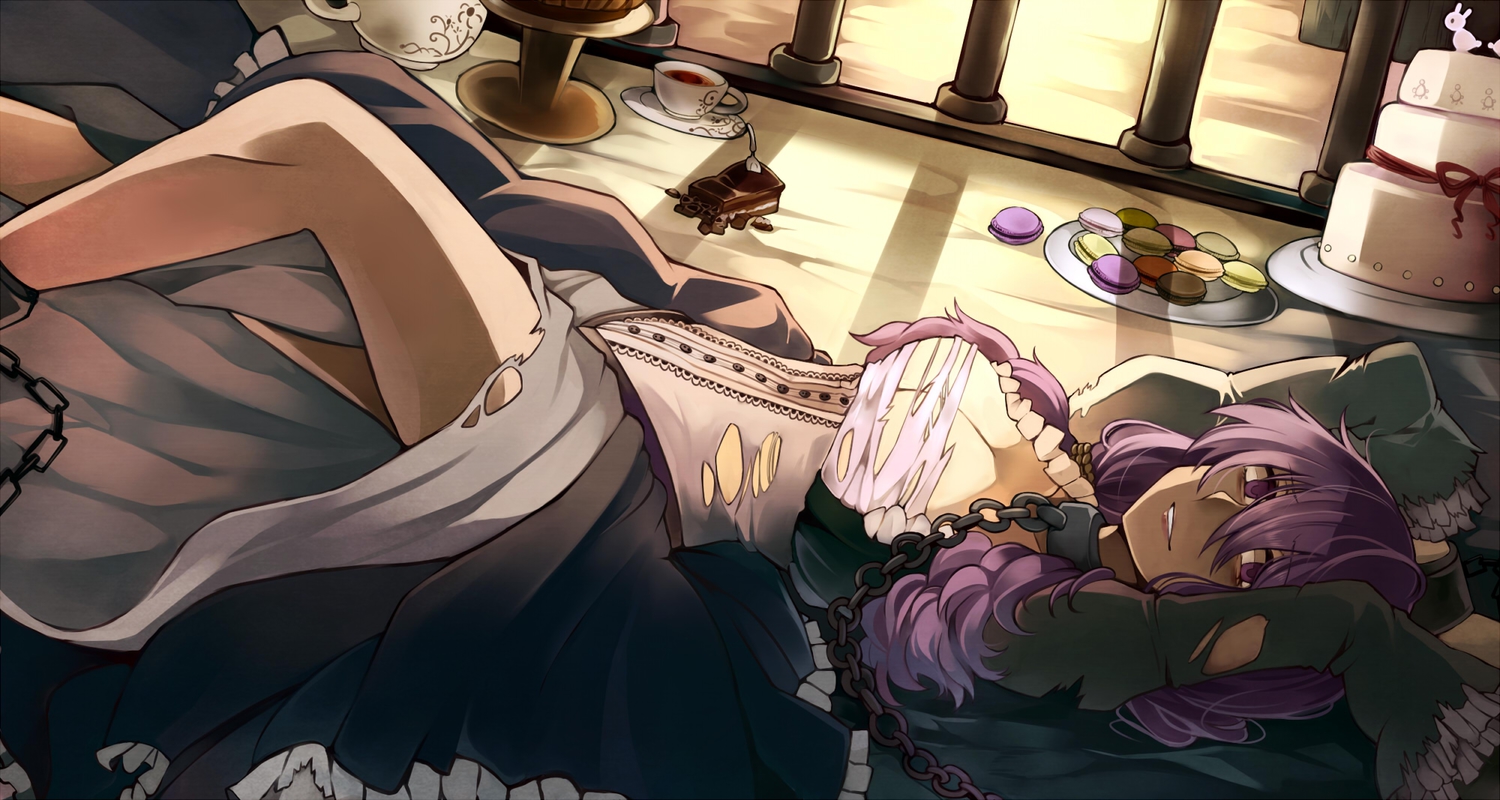 breasts, cake, chain, cleavage, collar, dress, drink, food, long_hair, purple_eyes, purple_hair, shackles, torn_clothes, vandyke_brown, vocaloid, voiceroid, yuzuki_yukari