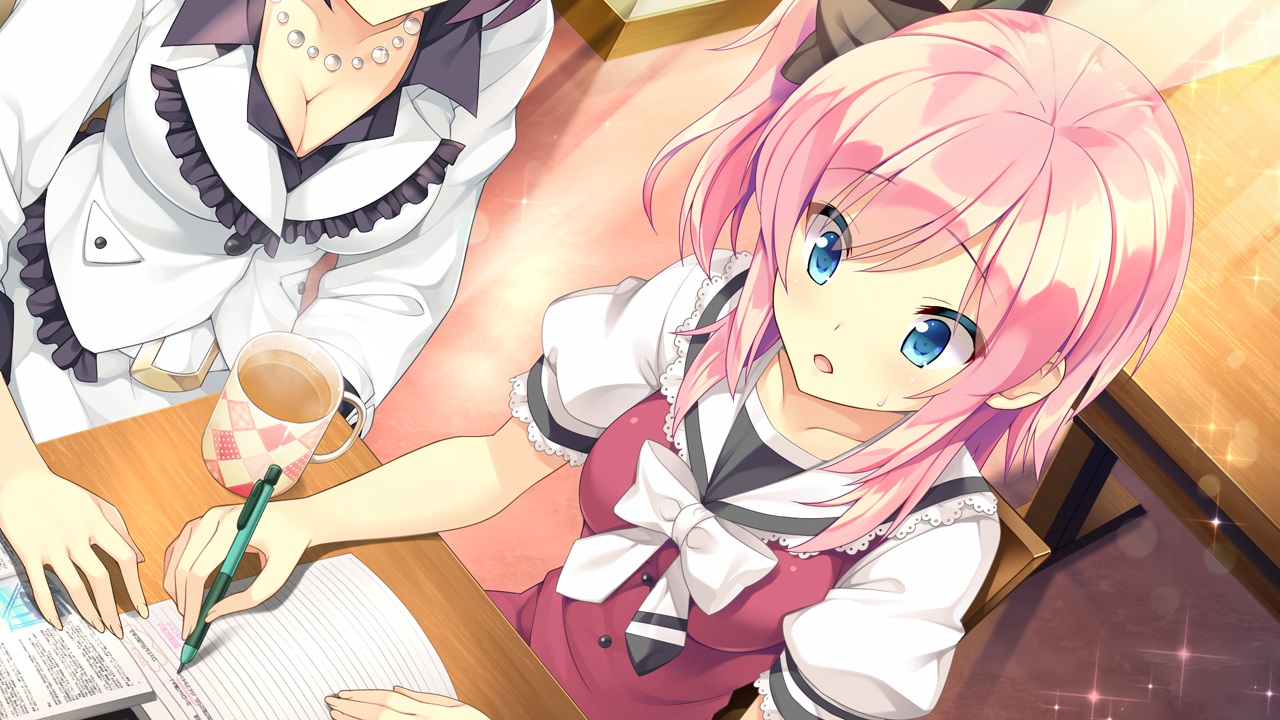 blue_eyes, bow, breasts, cleavage, drink, fujita_konomi, game_cg, hearts_(company)
