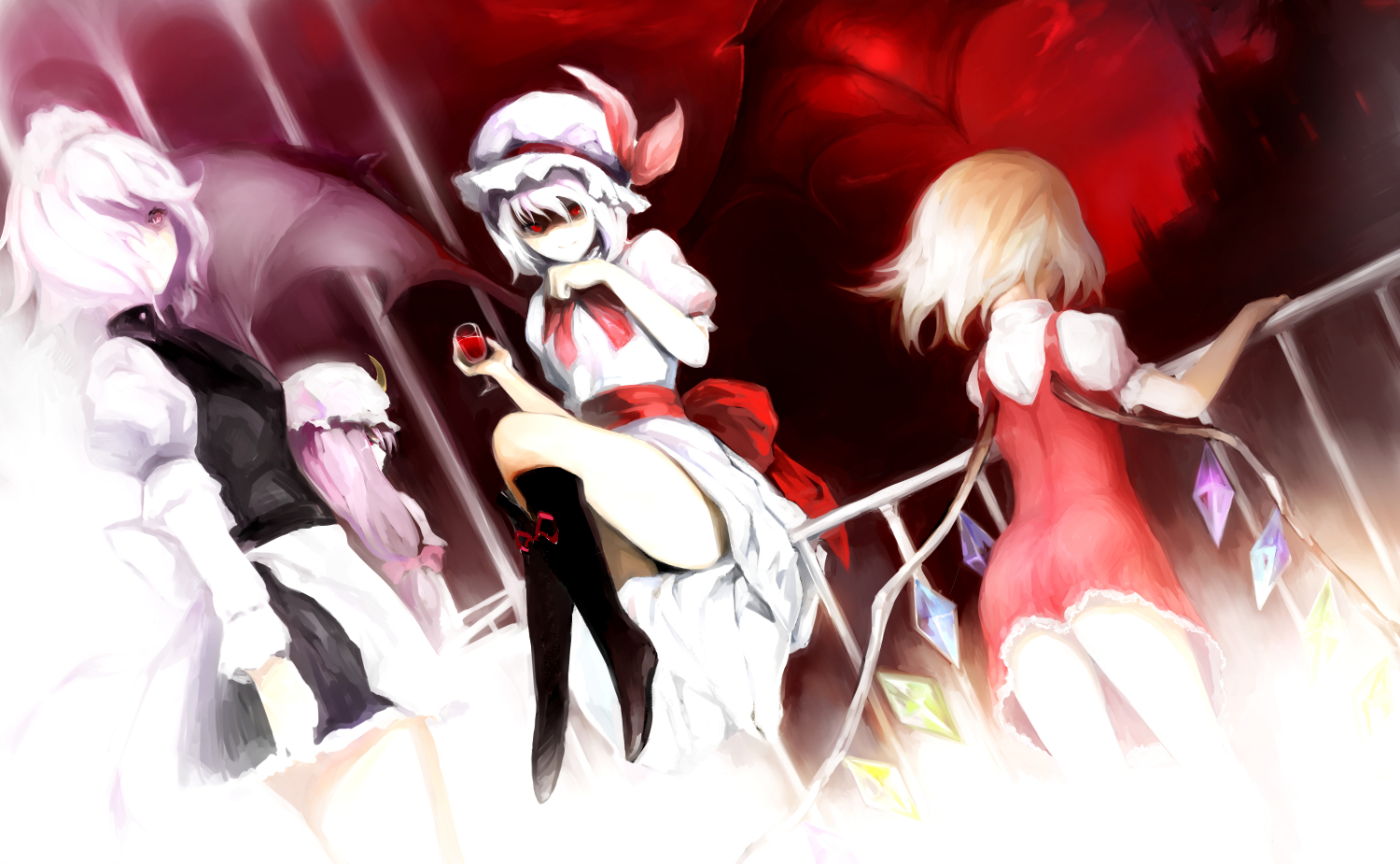 blonde_hair, boots, bow, drink, flandre_scarlet, group, hat, izayoi_sakuya