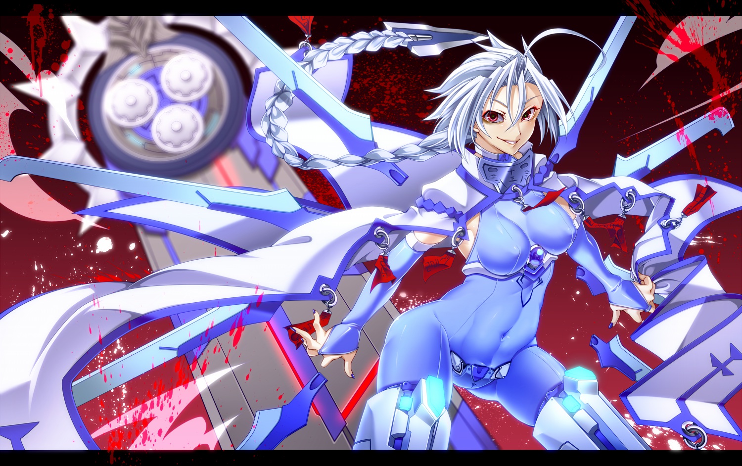 blazblue, bodysuit, braids, cape, gray_hair, long_hair, nu-13, red_eyes, sayo_wini, skintight