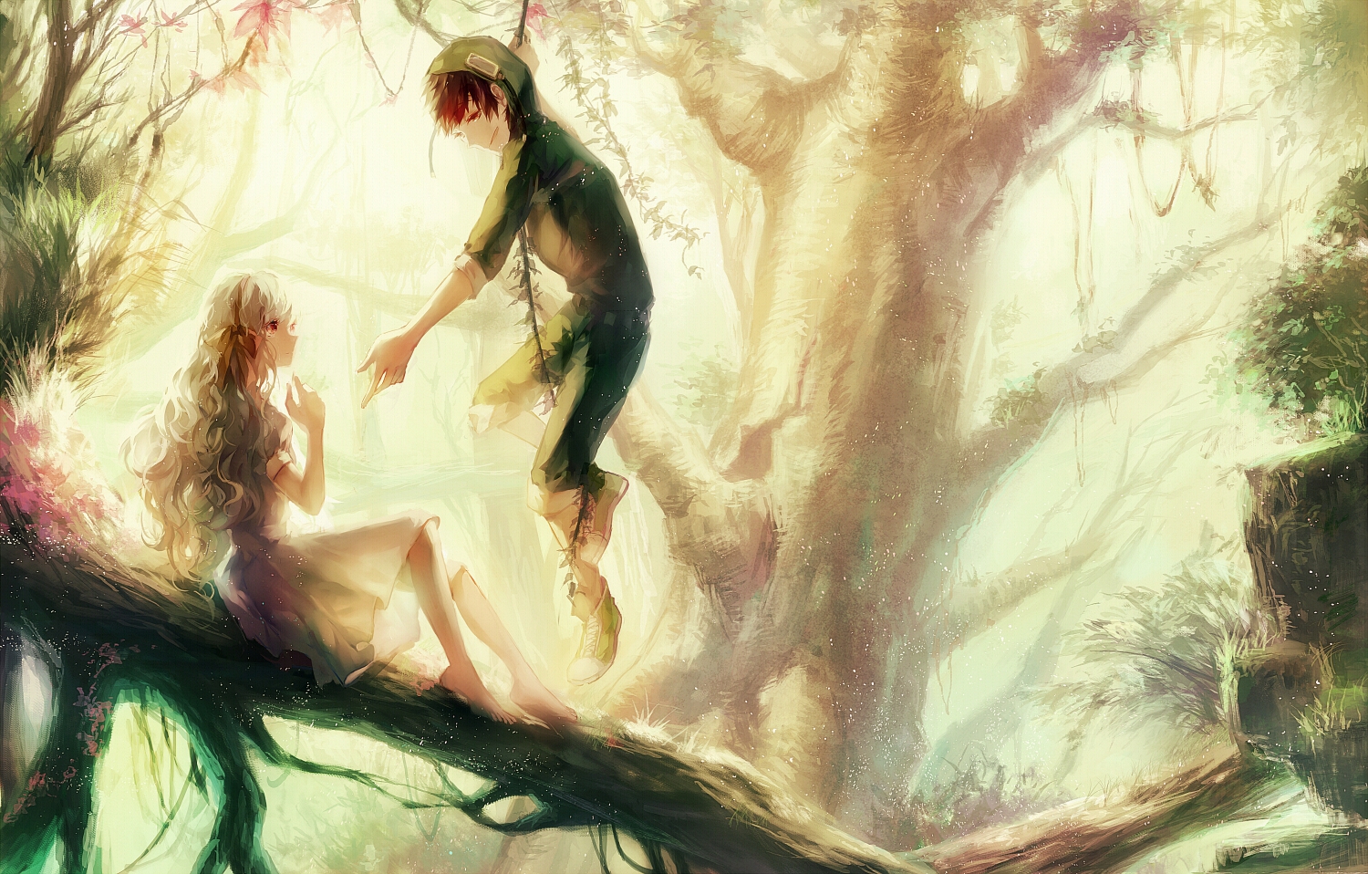 bow, brown_hair, dress, forest, imagination_forest_(vocaloid), kagerou_project, kozakura_mary, leclle