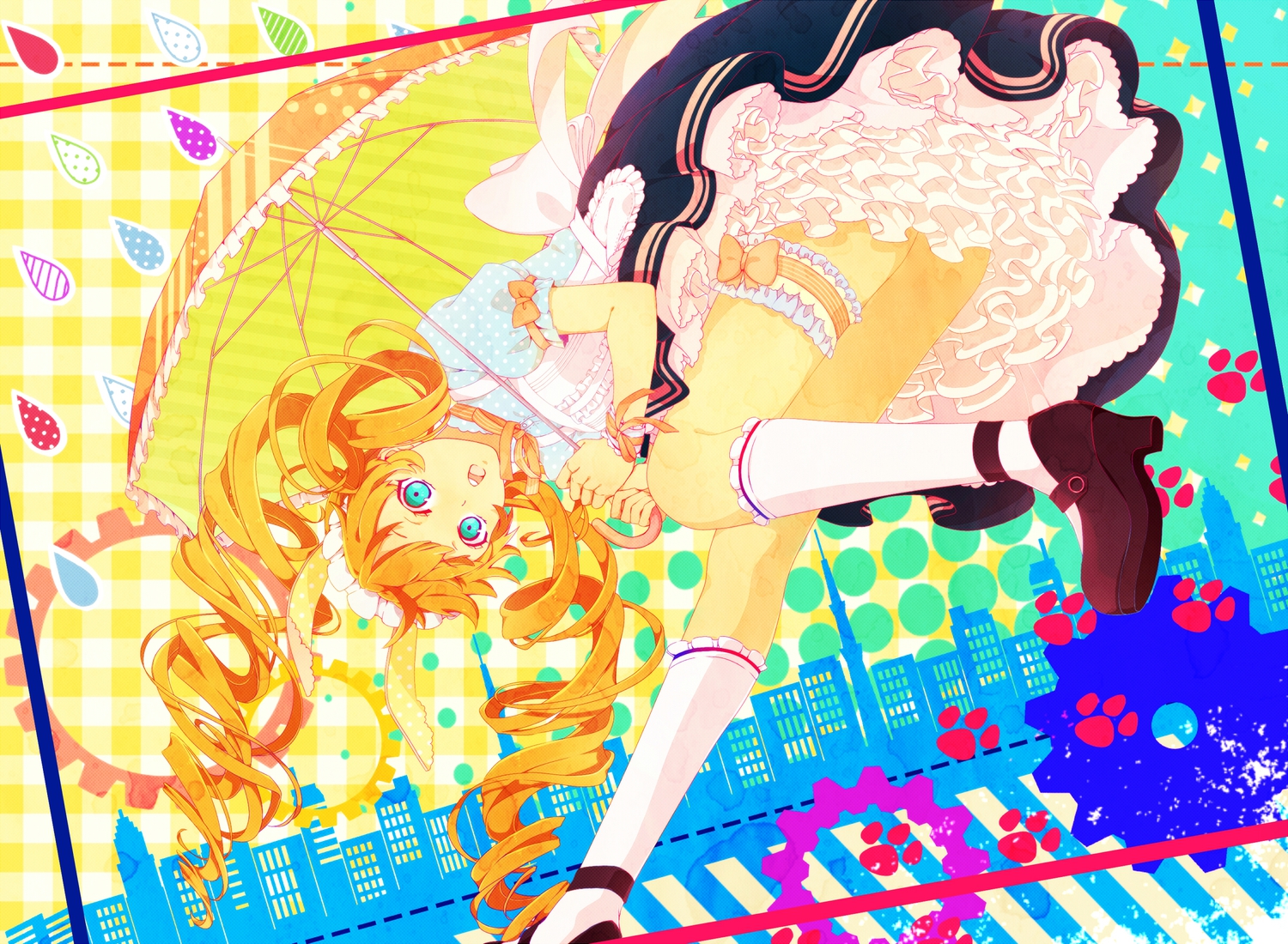 blue_eyes, bow, dress, gari, garter, headdress, kneehighs, long_hair