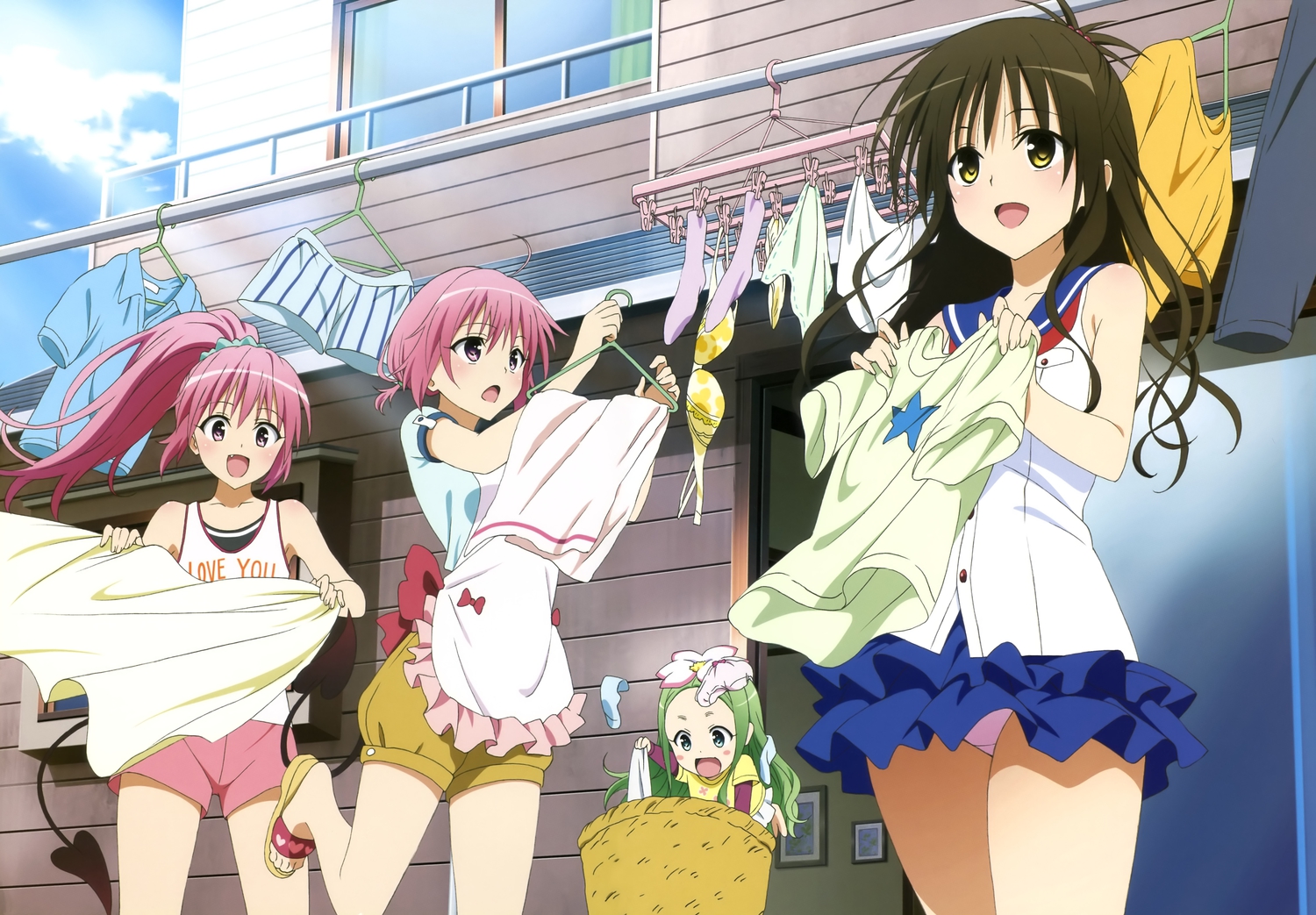 bow, bra, brown_hair, celine_(to_love_ru), green_hair, loli, long_hair, momo_velia_deviluke, nana_asta_deviluke, panties, pink_eyes, pink_hair, ponytail, school_uniform, short_hair, shorts, skirt, socks, tail, to_love_ru, to_love_ru_darkness, underwear, yellow_eyes, yuuki_mikan
