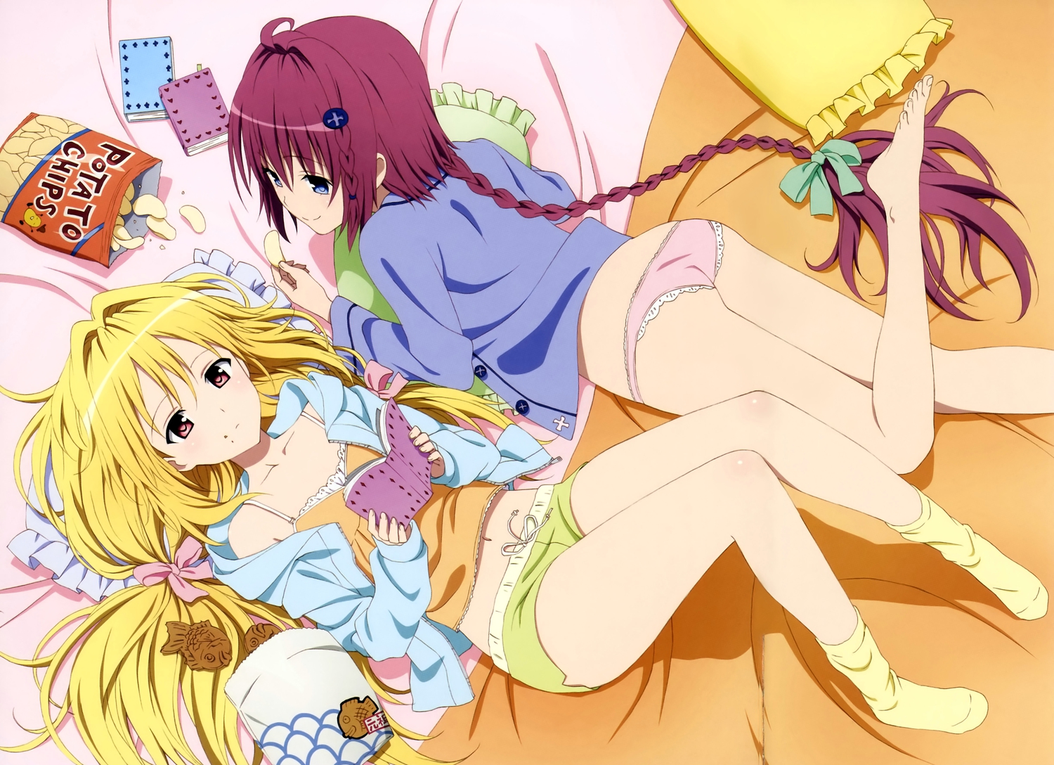 2girls, barefoot, bed, blonde_hair, blue_eyes, book, bow, braids, food, fujiwara_natsuko, golden_darkness, kurosaki_mea, long_hair, megami, navel, panties, pink_eyes, red_hair, scan, socks, taiyaki, to_love_ru, to_love_ru_darkness, underwear