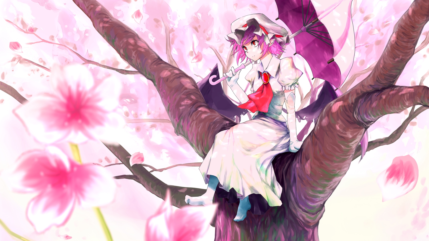 cherry_blossoms, dress, elbow_gloves, flowers, gloves, hat, kanchigai, purple_hair, red_eyes, remilia_scarlet, short_hair, touhou, tree, umbrella, vampire