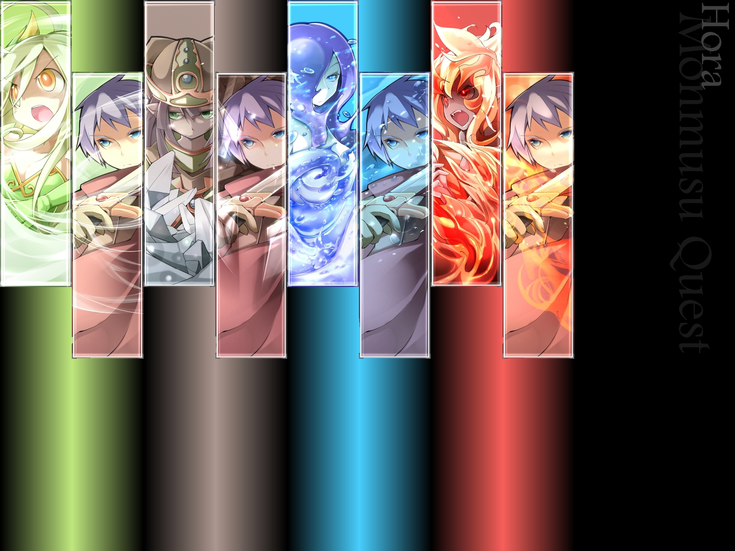 armor, blonde_hair, blue_eyes, blue_hair, bubbles, fire, game_cg, gnome, gray_hair, green_eyes, green_hair, long_hair, luka_(monmusu_quest), male, monmusu_quest, purple_hair, red_eyes, salamander, short_hair, sword, sylph, undine_(monmusu_quest), weapon, yellow_eyes