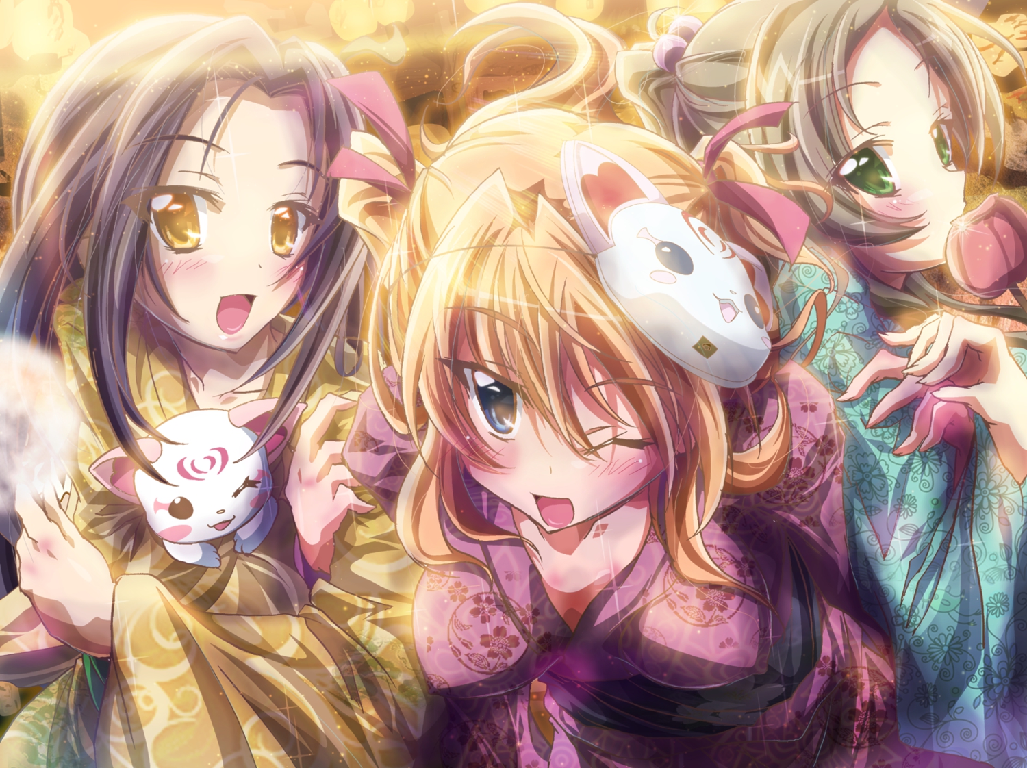 black_hair, blonde_hair, blue_eyes, blush, brown_hair, green_eyes, houjou_hibiki, inoshishi