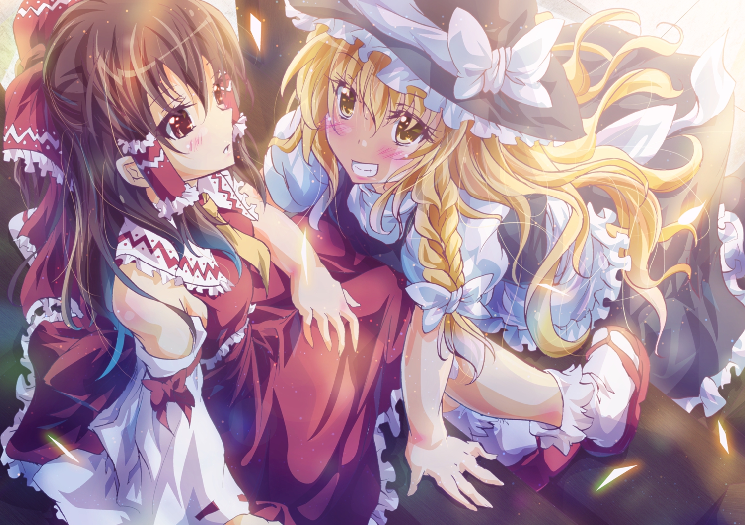 blonde_hair, blush, bow, brown_eyes, brown_hair, dress, hakurei_reimu, hat