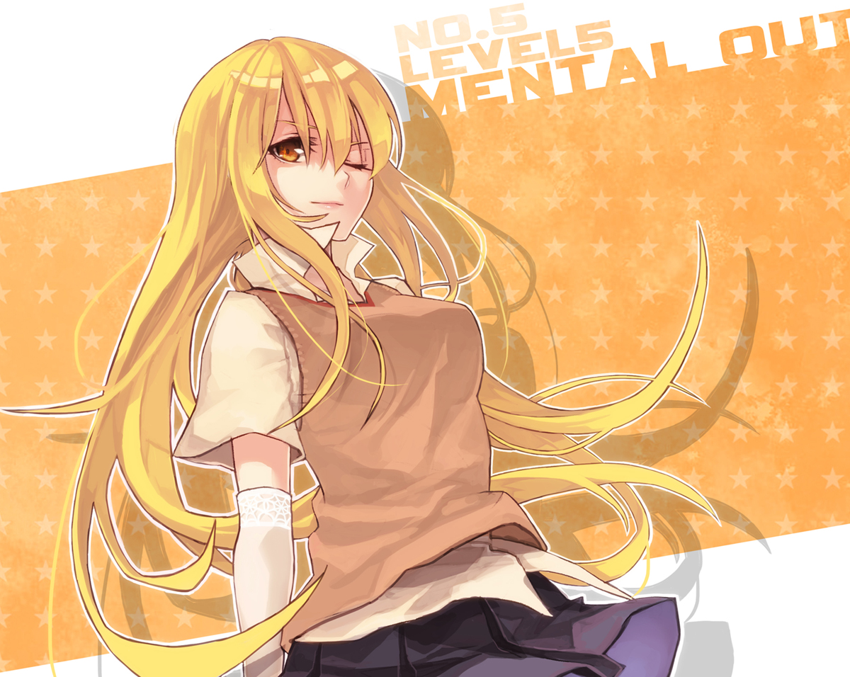 blonde_hair, elbow_gloves, gloves, long_hair, orange_eyes, school_uniform, shokuhou_misaki, skirt