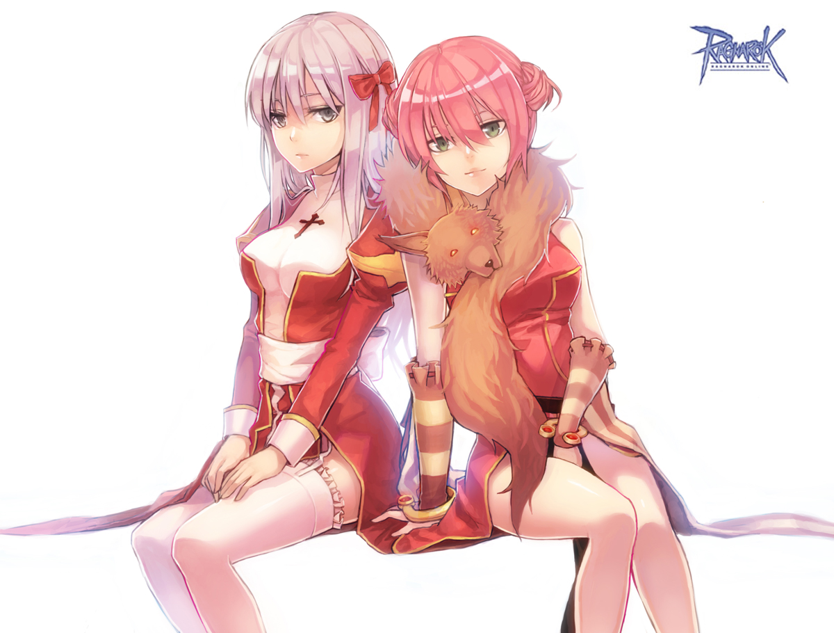2girls, bow, cross, gray_eyes, gray_hair, green_eyes, high_priest_(ragnarok_online), logo