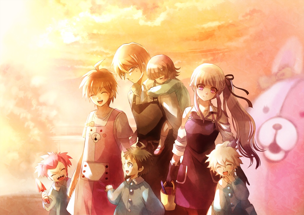 apron, blonde_hair, brown_hair, chiko_(d04099), clouds, crossover, dangan-ronpa, dangan-ronpa_2