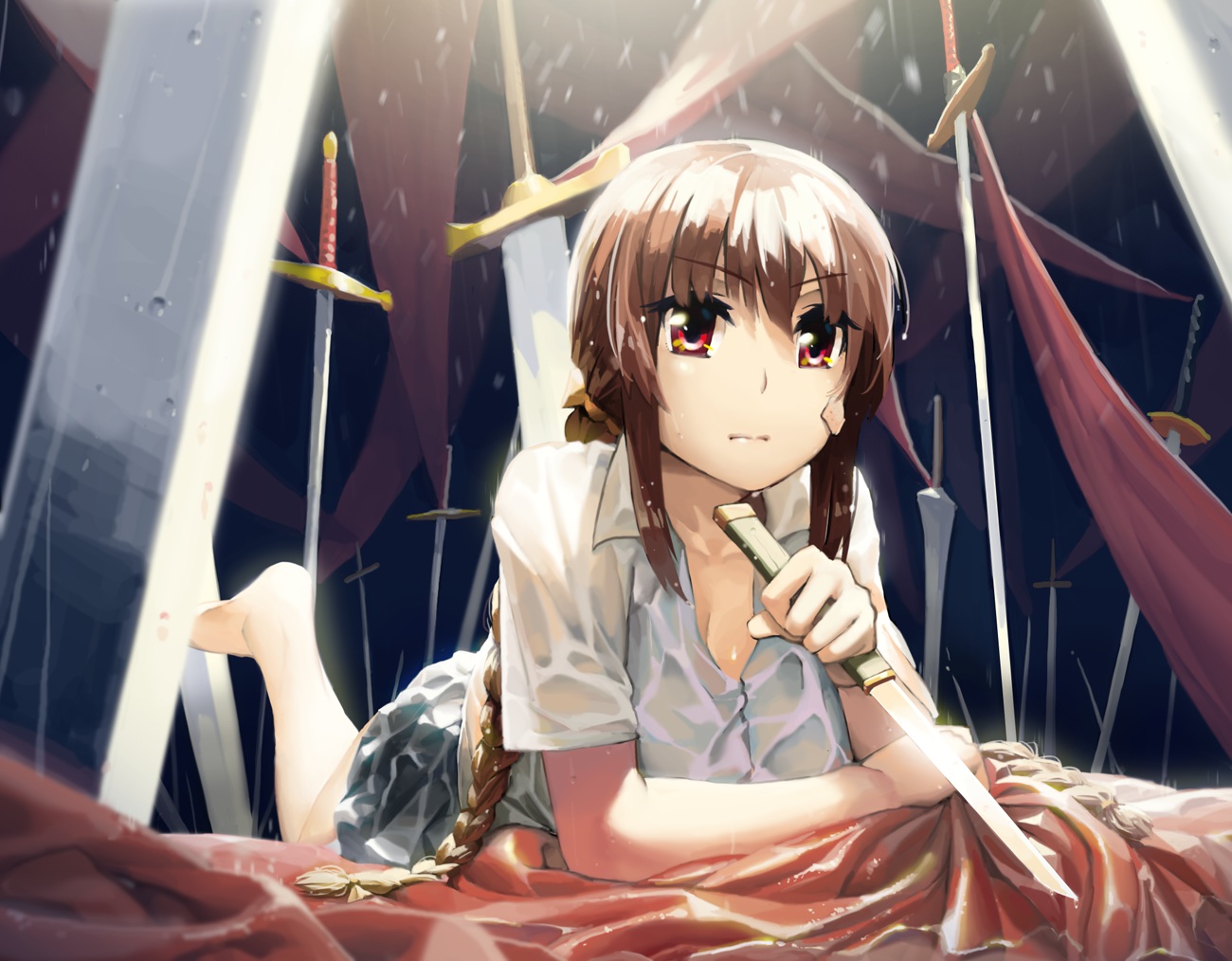 braids, brown_hair, knife, long_hair, original, rai32019, red_eyes, see_through