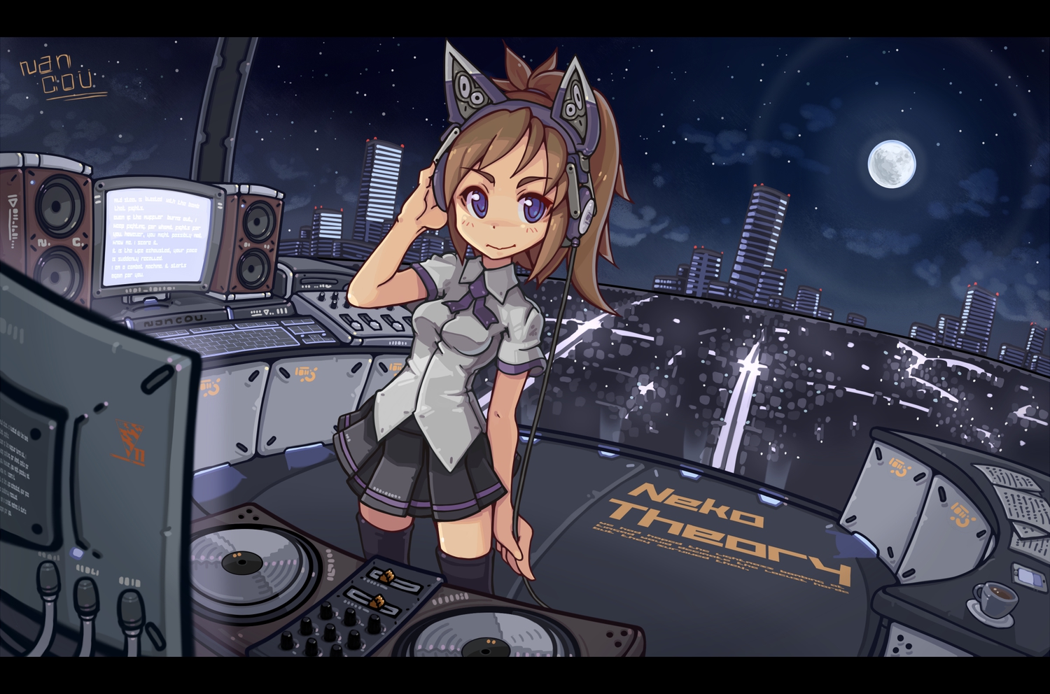 brown_hair, city, computer, drink, headphones, moon, nancou_(nankou), night, original, purple_eyes, short_hair, signed, skirt, stars, thighhighs